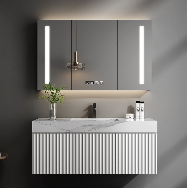 luxury bathroom vanity Led mirror intelligent bathroom cabinet sintered stone bath furniture W20248