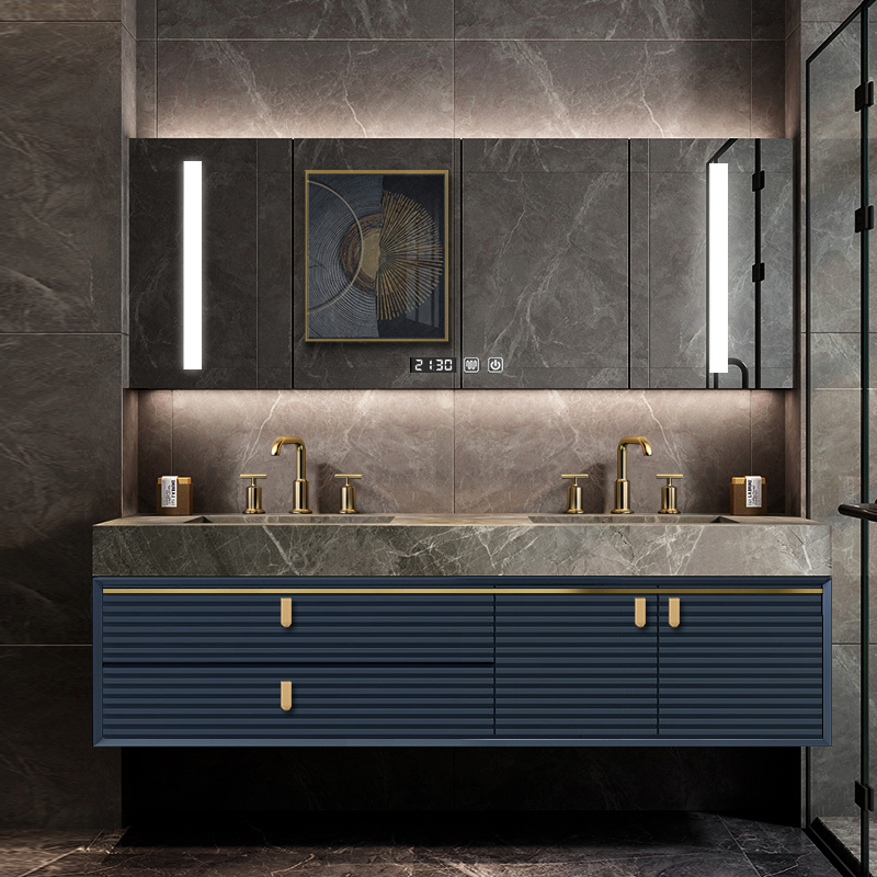 luxury bathroom vanity Led mirror intelligent bathroom cabinet sintered stone bath furniture W20259B