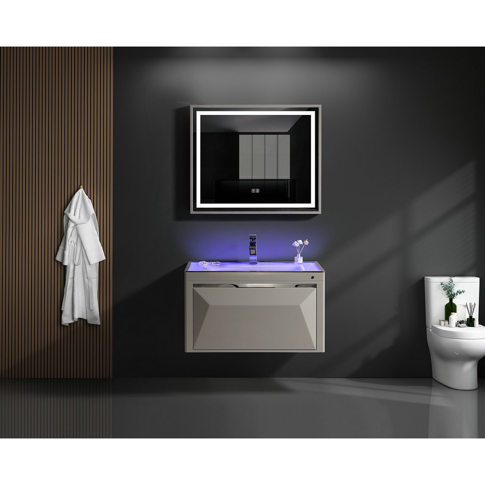 luxury bathroom vanity gloosy grey bathroom cabinet LED mirror glass bath furniture W20365