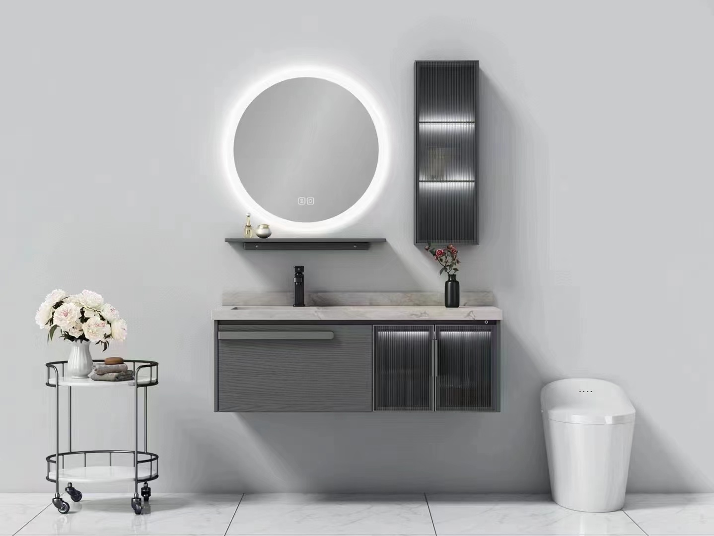 luxury bathroom vanity Led mirror intelligent bathroom cabinet sintered stone bath furniture W22015